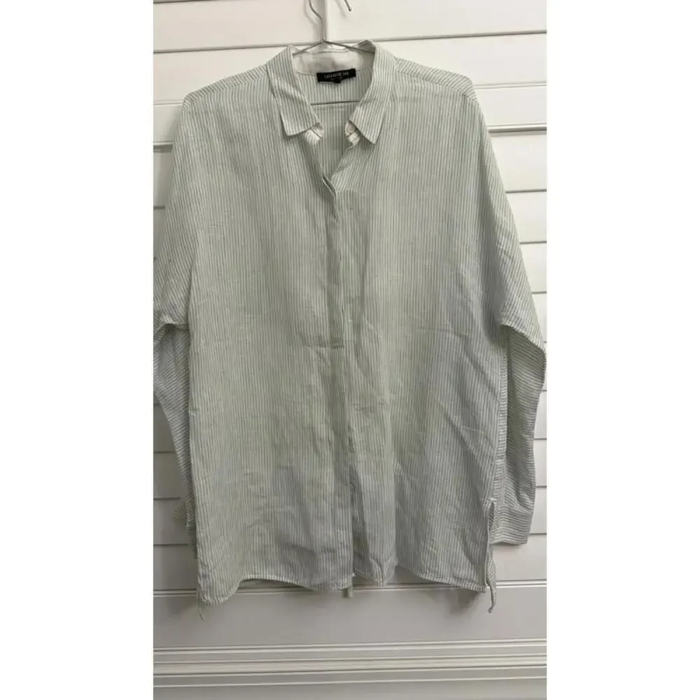 Lafayette 148 New York 100% Linen striped button up blouse size Large - Picture 2 of 9